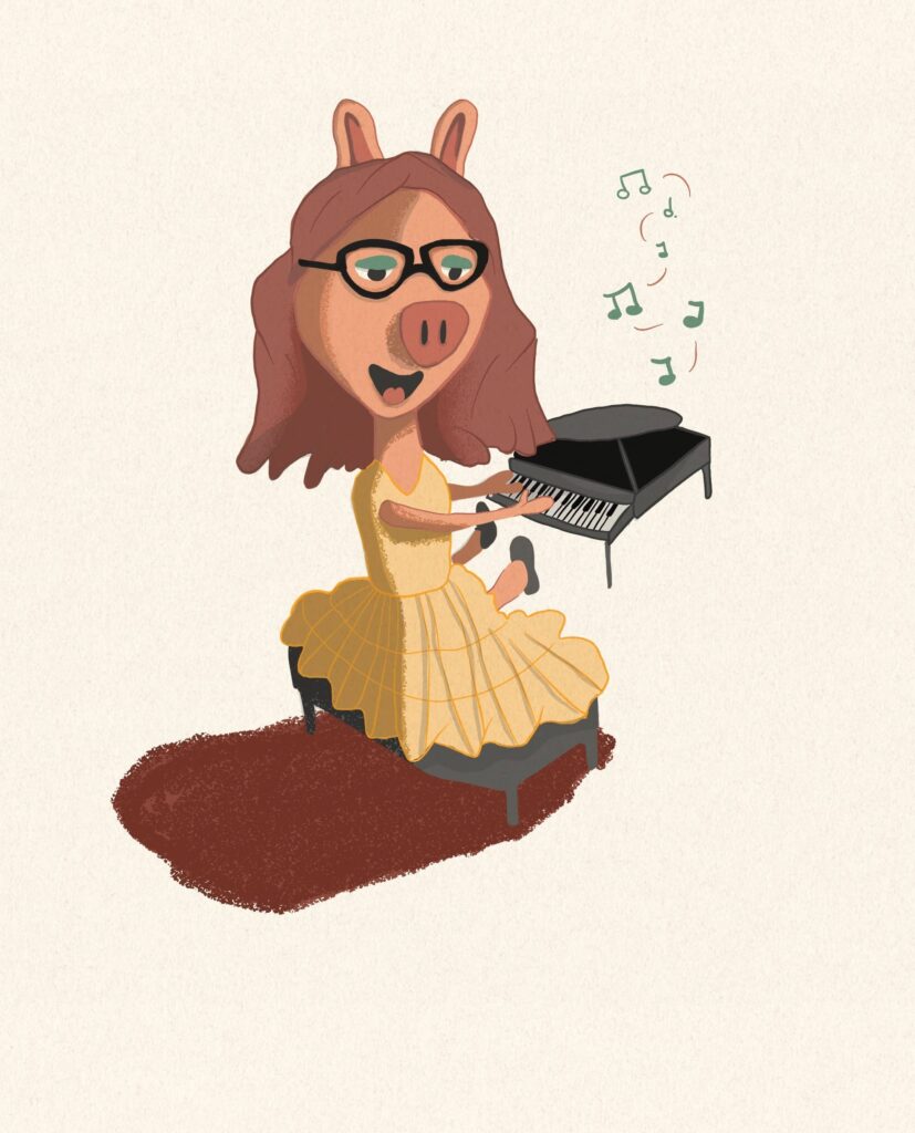 Digitaalinen piirustus miss piggyn tyylisestä hahmosta soittamassa pianoa, synttärikortin kuvitus, piirtäjä niklas isberg jyväskylästä