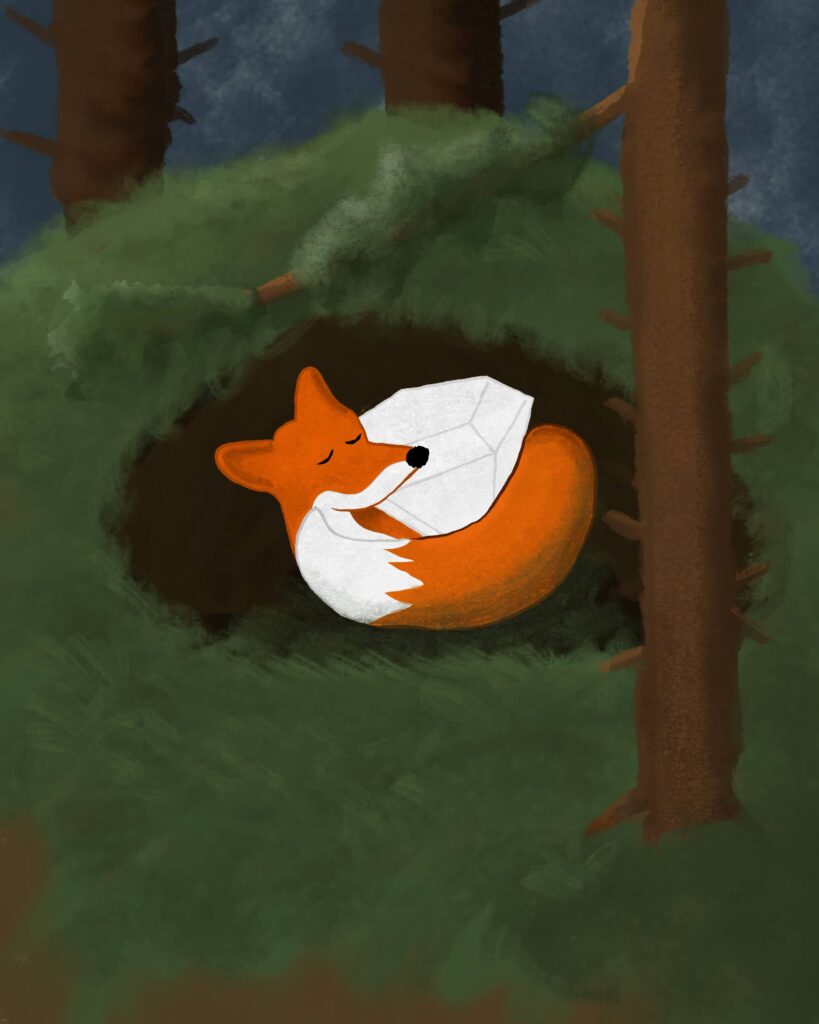 digitaalinen maalaus diamond foxista, jossa kettu nukkuu metsässä kolossaan ja sen sylissä on iso timantti, piirtäjä niklas jyväskylästä