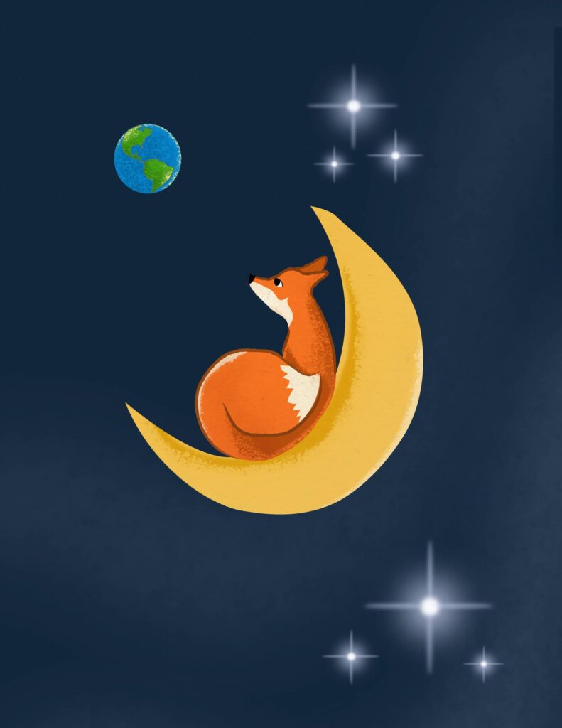 digitaalinen maalaus, jossa kettu istuu kuussa ja tuijottaa avaruudesta maapalloa, piirtänyt niklas isberg jyväskylästä